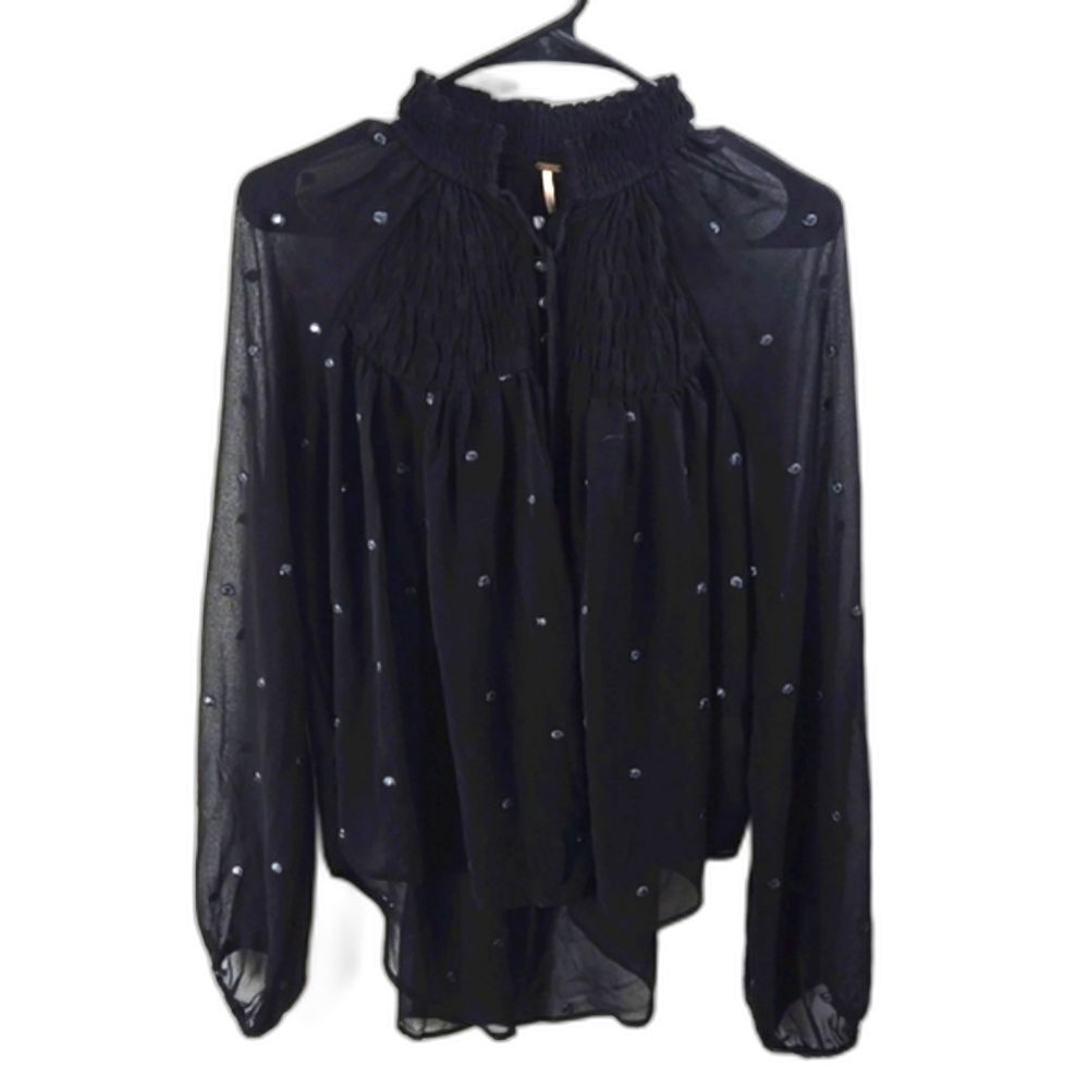 Free People Womens Black Ready to Run Sheer Smocked Dot Georgette Blouse Sz XS